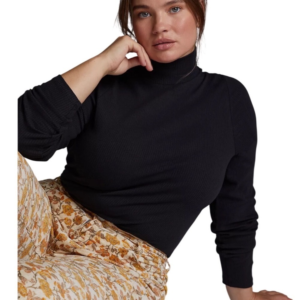 Maeve Anthropologie Top Women Medium Black Ribbed Mock Neck Long Sleeve